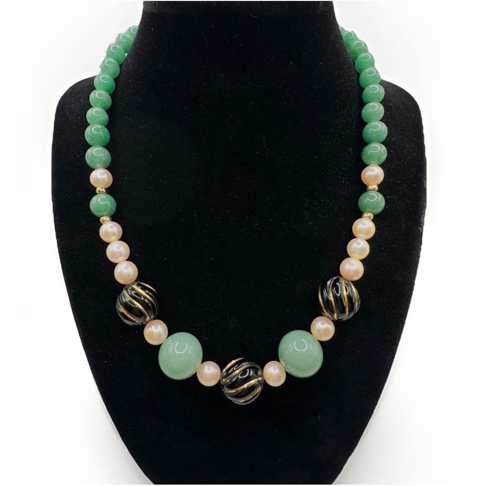 Artisan Gemstone & Pearl Necklace Black Gold Swirl Bead Statement Necklace 18" - Picture 2 of 13